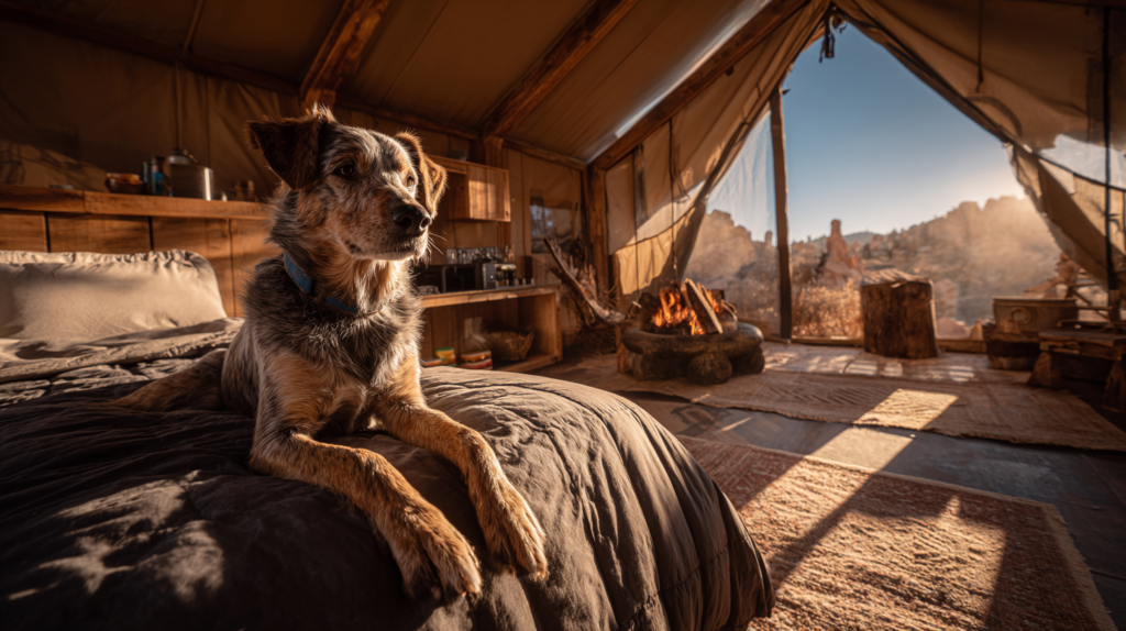 a dog lying on a bed in a room with a campfire