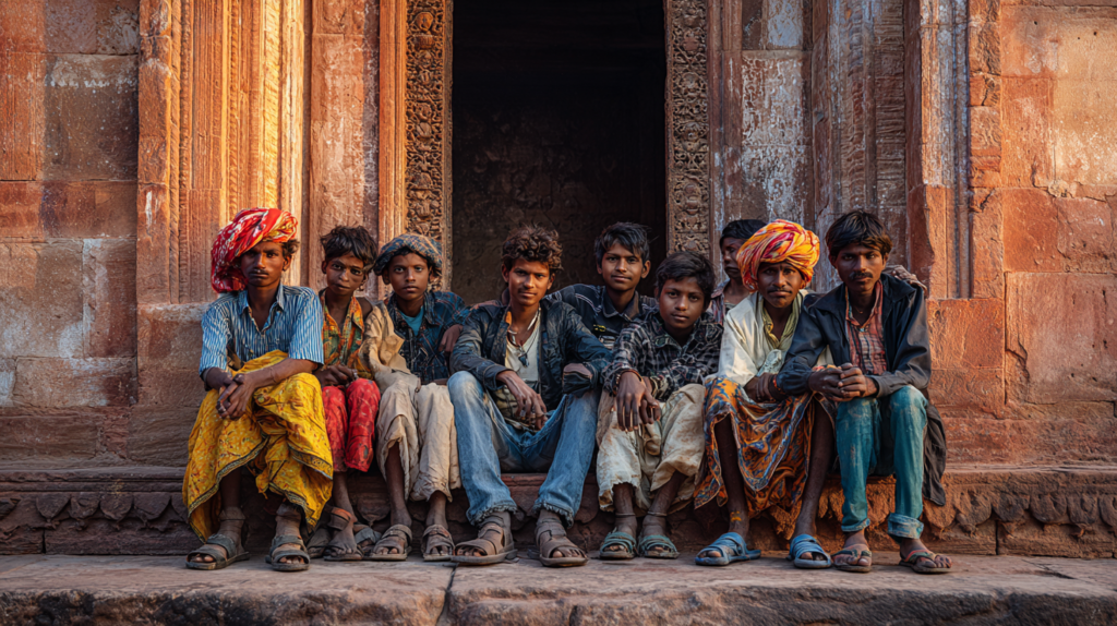 a group of people sitting on a step