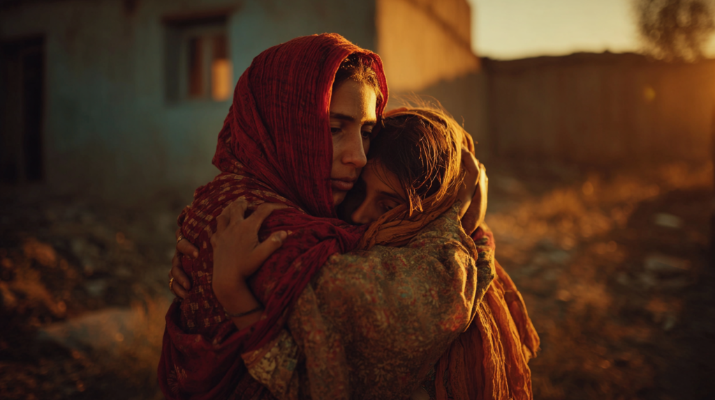 a woman hugging a child