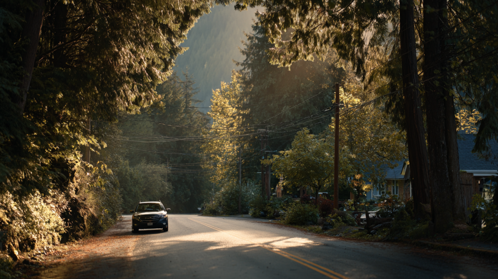 a car driving on a road with trees and power lines