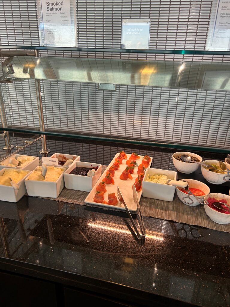 a buffet table with different food items on it