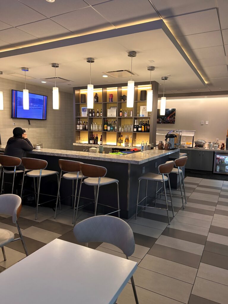 a bar with a counter and chairs
