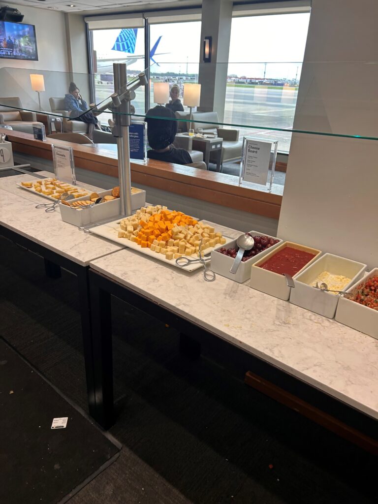 a buffet table with different food items on it