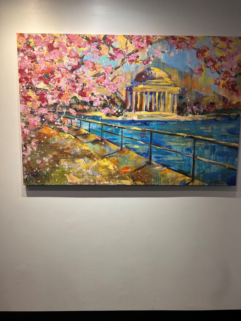 a painting of a building and a bridge