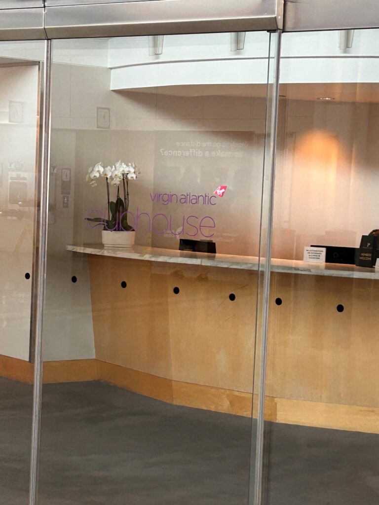 a glass wall behind a counter