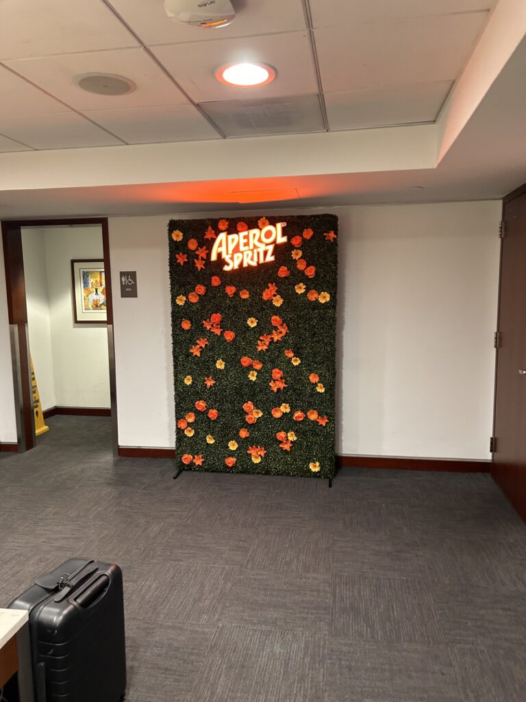 a room with a sign and a door