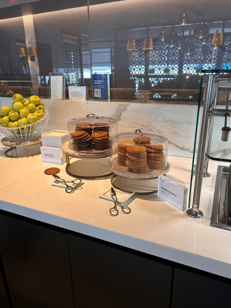 a display of cookies and fruit