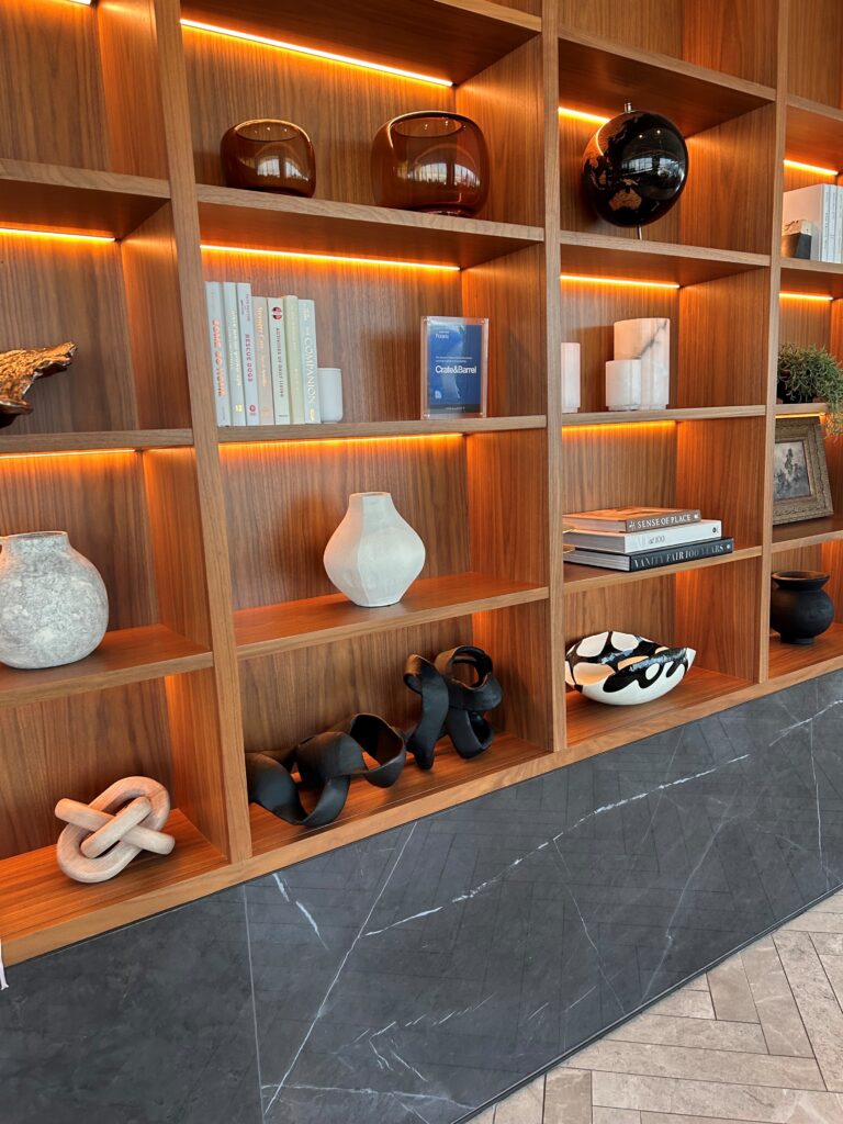 a shelf with lights on it
