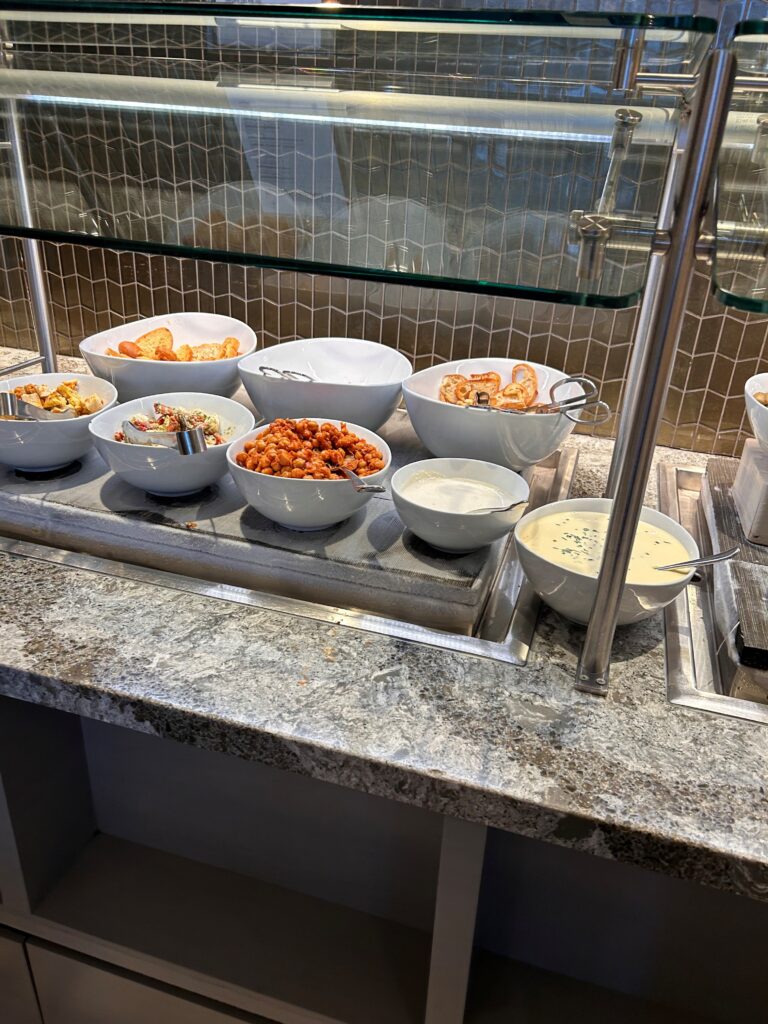 a buffet line of food