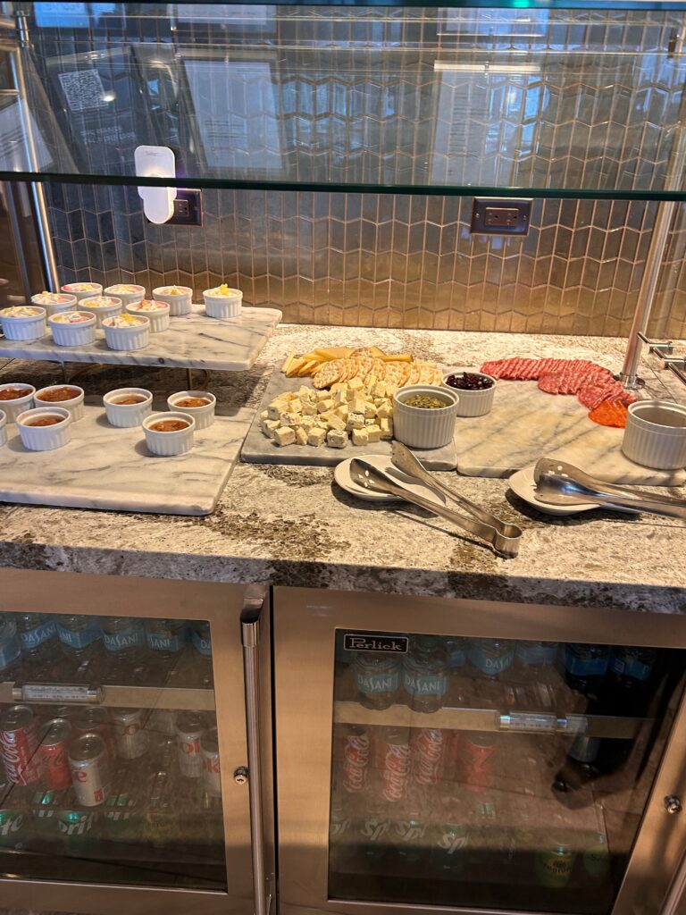 a buffet with food on it