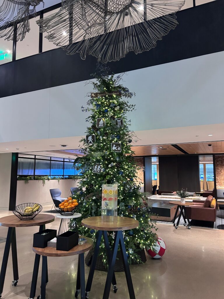a christmas tree in a building