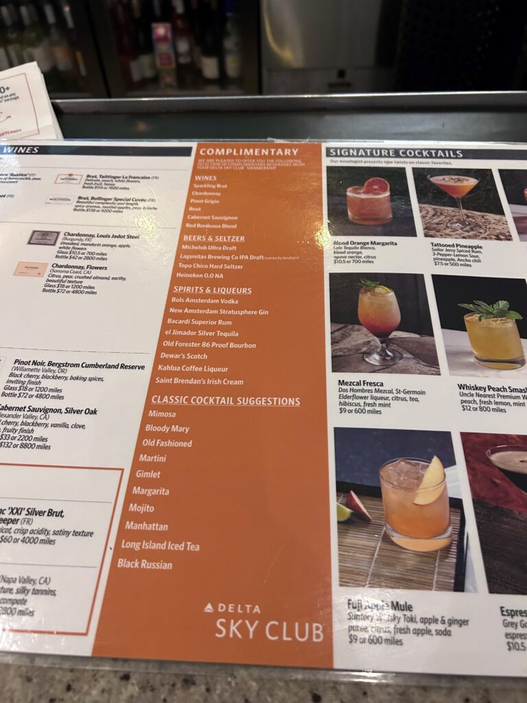 a menu with different drinks