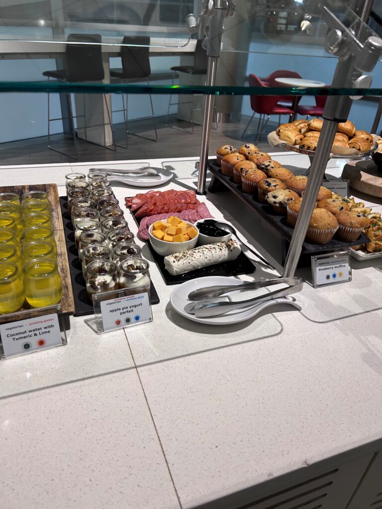 a buffet with different foods on it