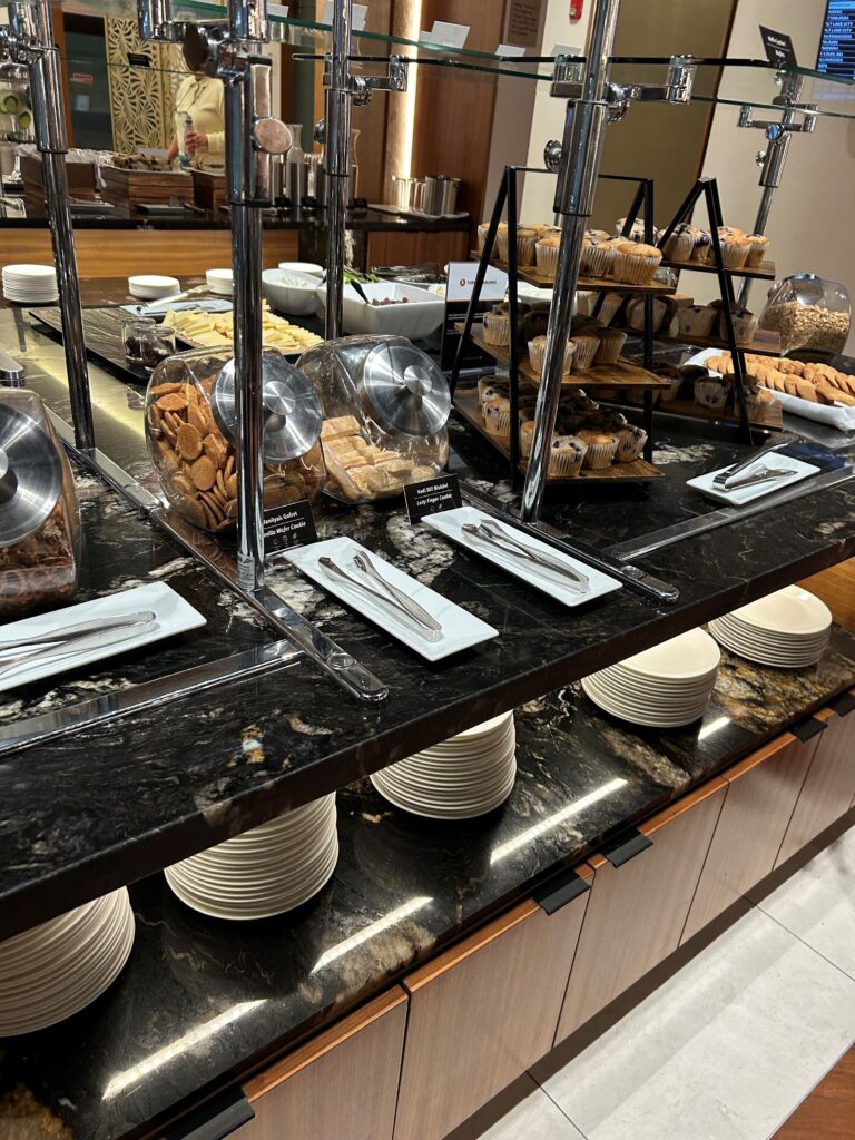 a buffet table with food on it