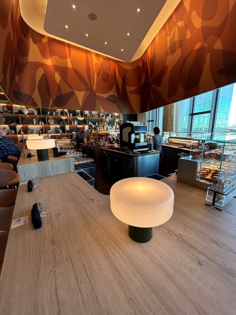 a restaurant with a large window