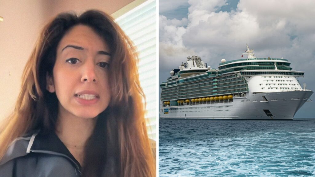 a woman taking a selfie with a cruise ship in the background