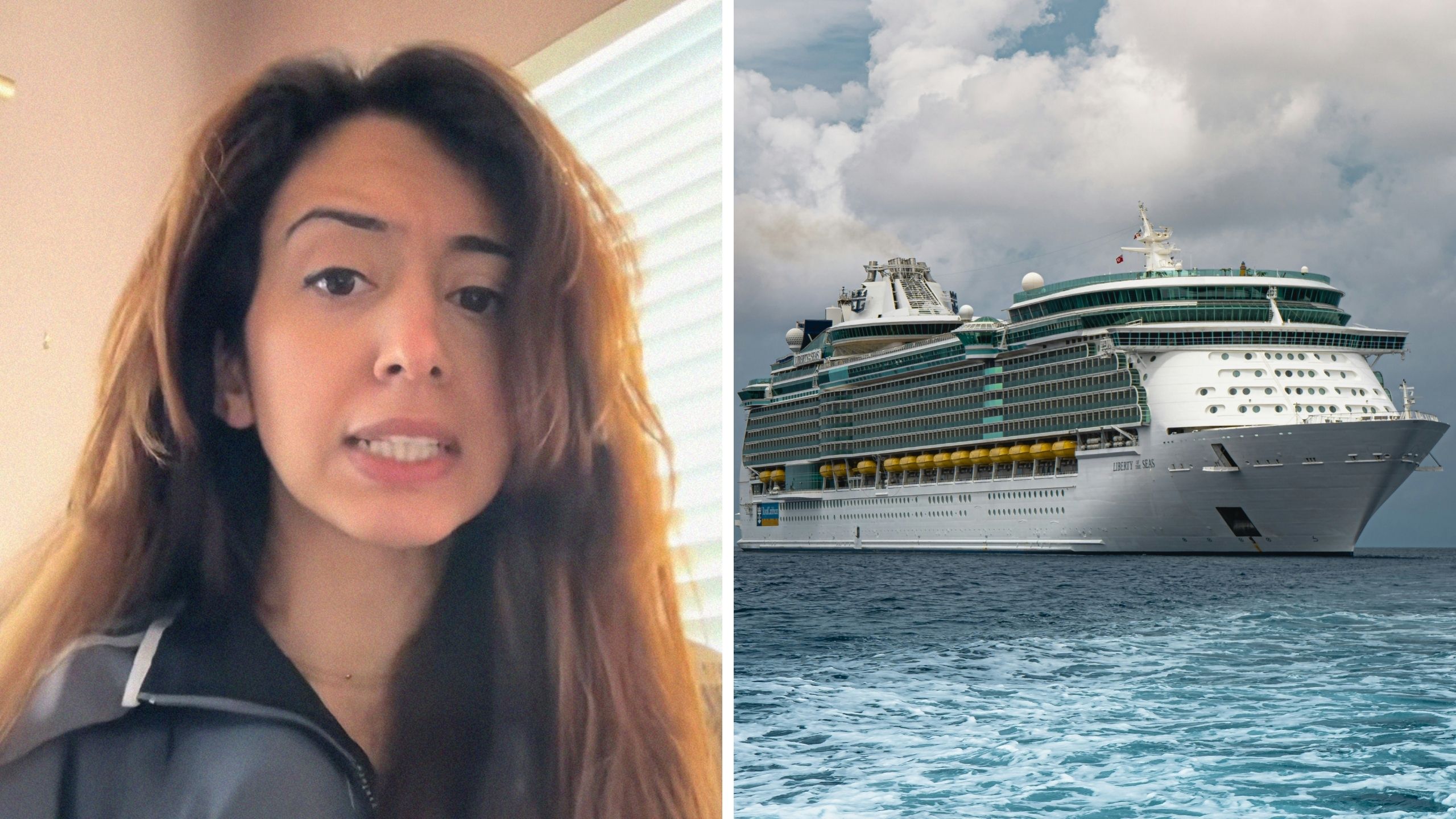 a woman taking a selfie with a cruise ship in the background