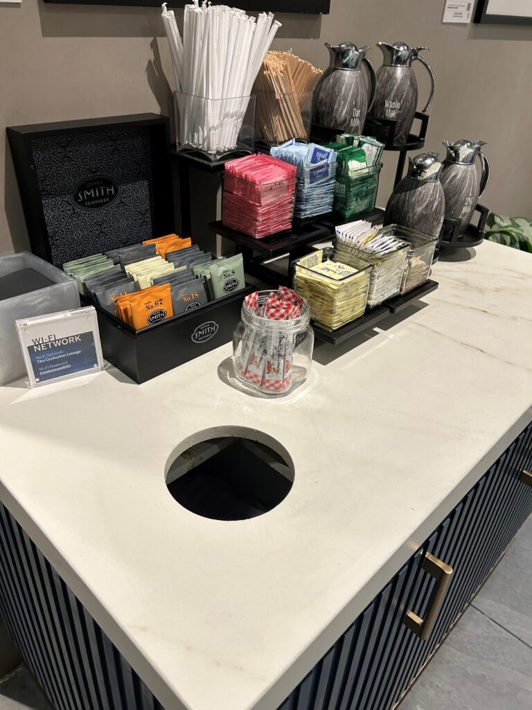 a counter with a variety of items on it