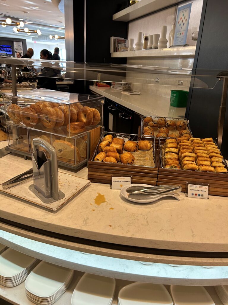 a display of pastries and pastries on a counter