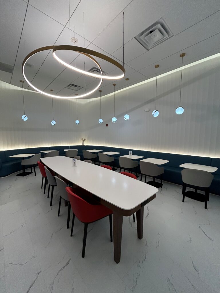 a room with tables and chairs