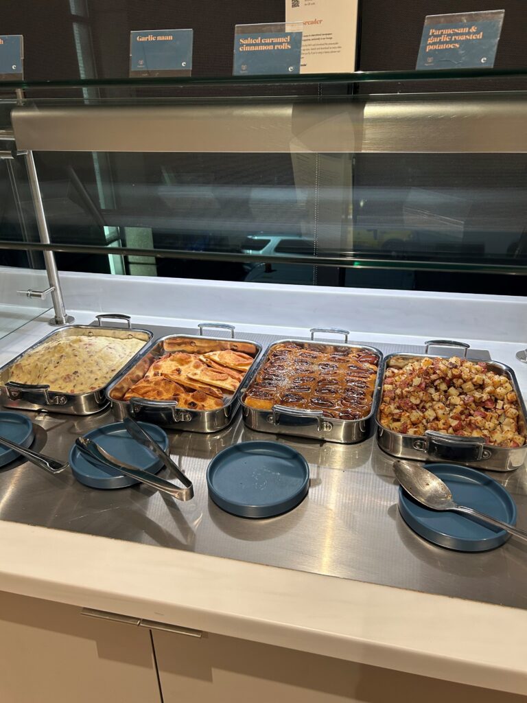 a buffet with food on it