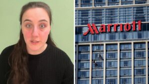 woman shares Bachelorette trip issue (l) Marriott hotels (r)