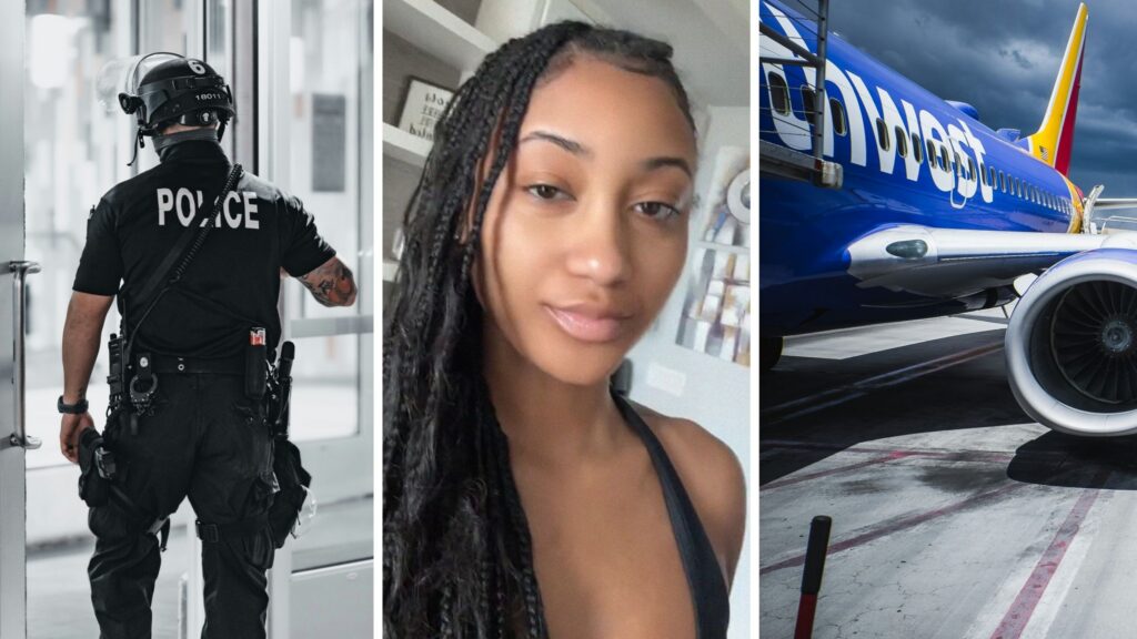 police officer (l) woman shares airport experience (c) Southwest airlines (r)