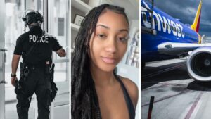 police officer (l) woman shares airport experience (c) Southwest airlines (r)