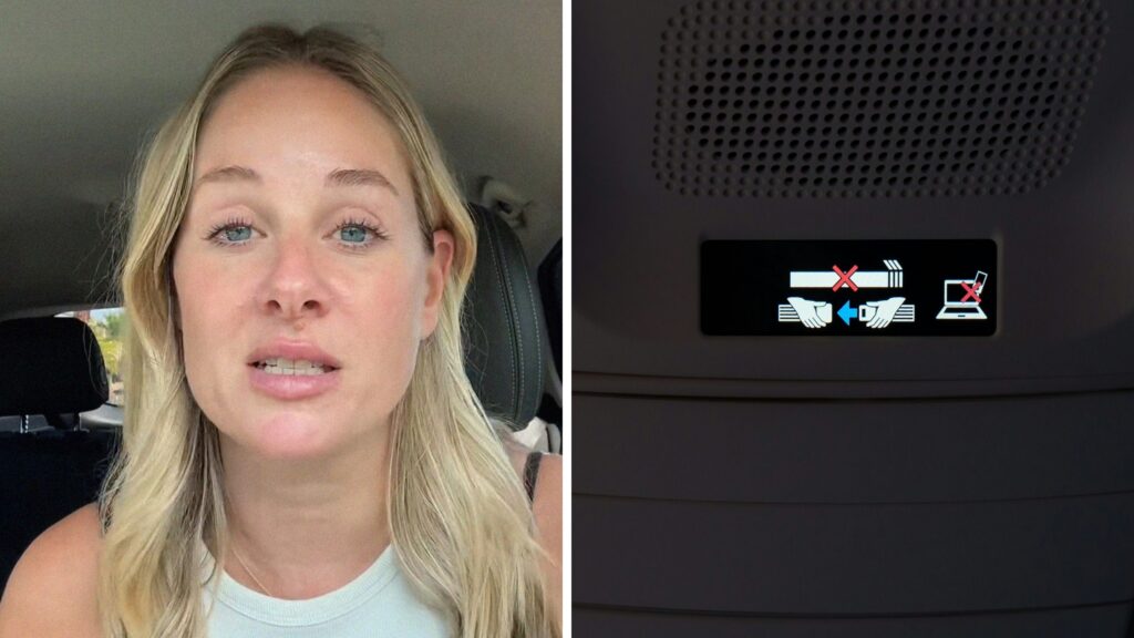 woman shares flight experience (l) Flight seatbelt sign is on (r)