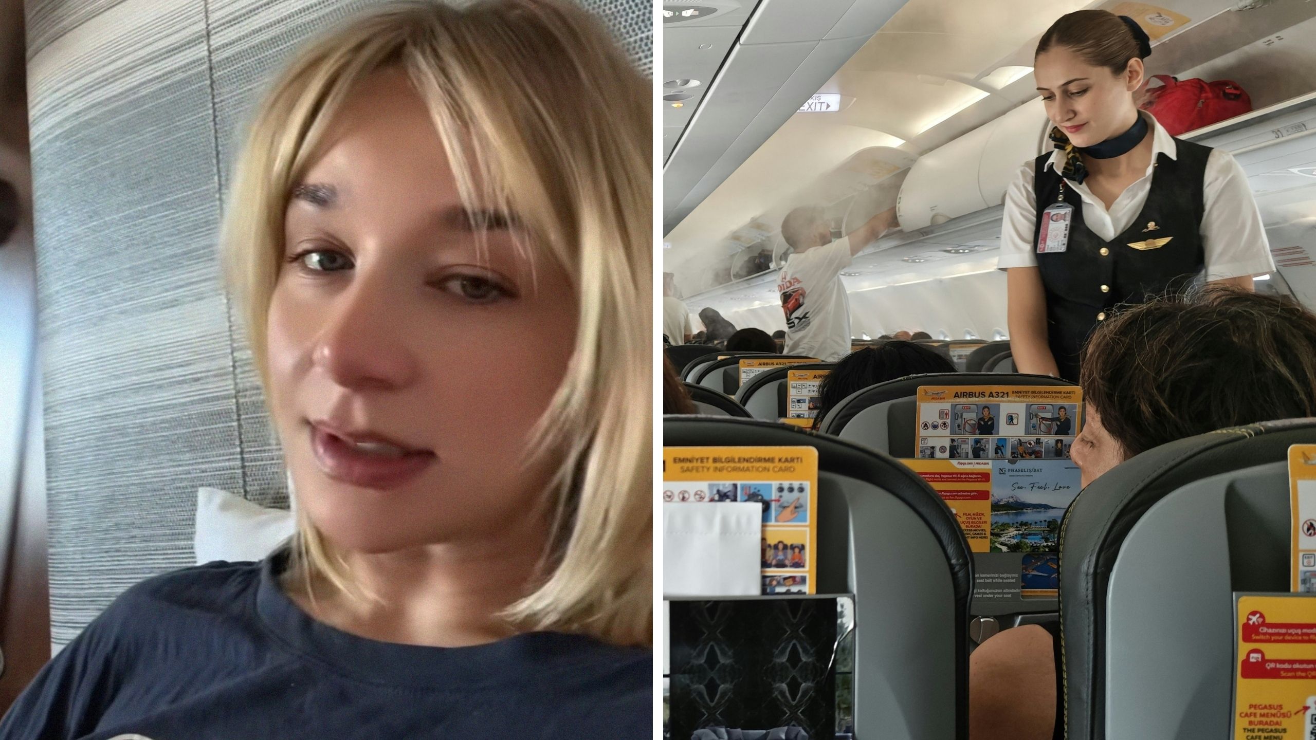woman shares a day in the job (l) flight attendant helping out passenger (r)