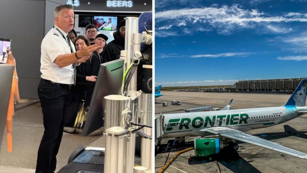 captain makes an announcement (l) frontier aircraft (r)