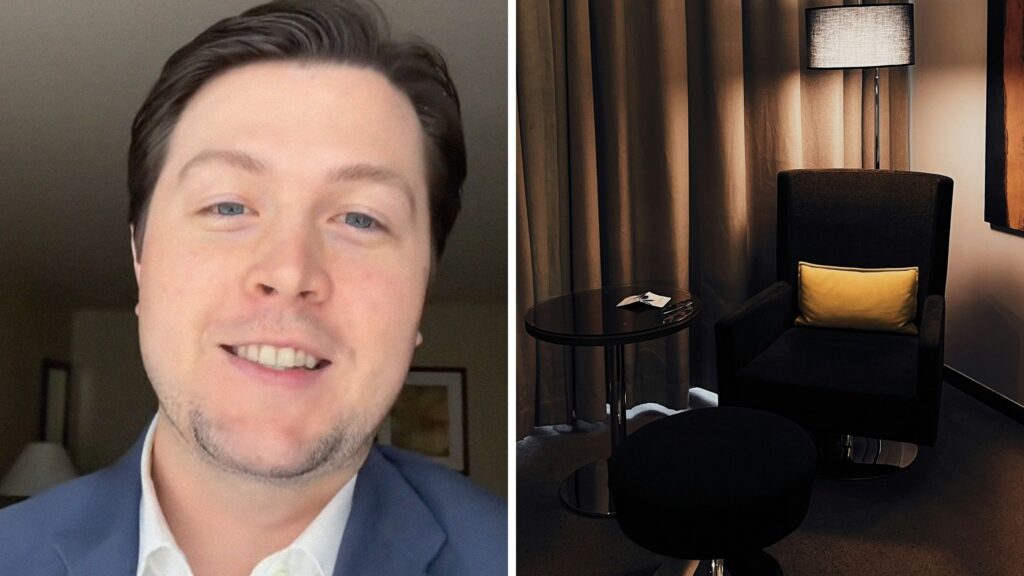 man shares hotel chair secret (l) hotel chair in the corner (r)