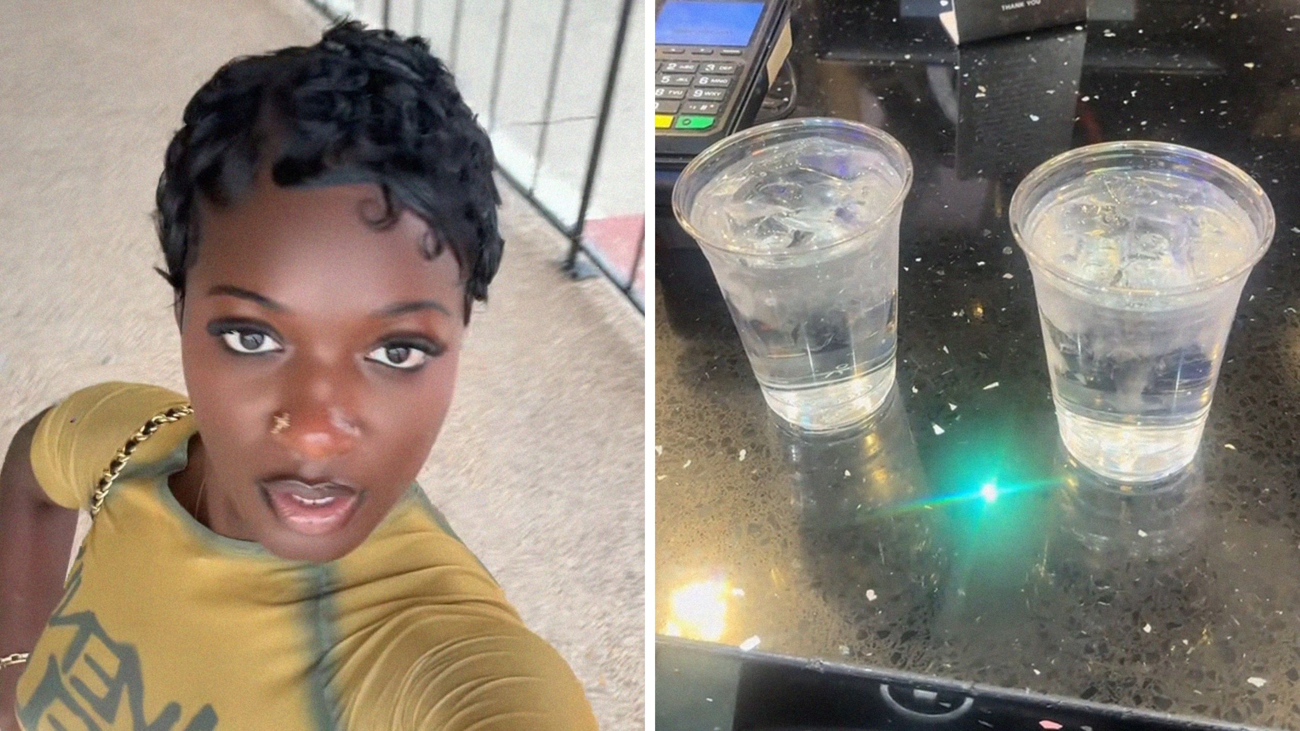 woman shares airport issue (l) cups of water (r)