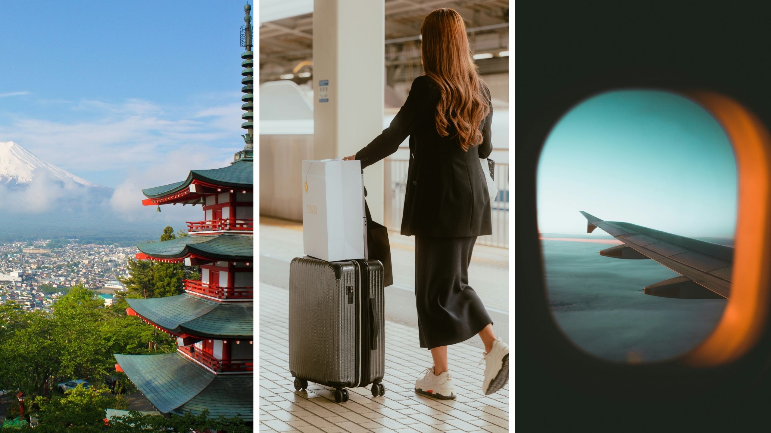 japan touristic area (l) woman travels to japan (c) direct flight (r)