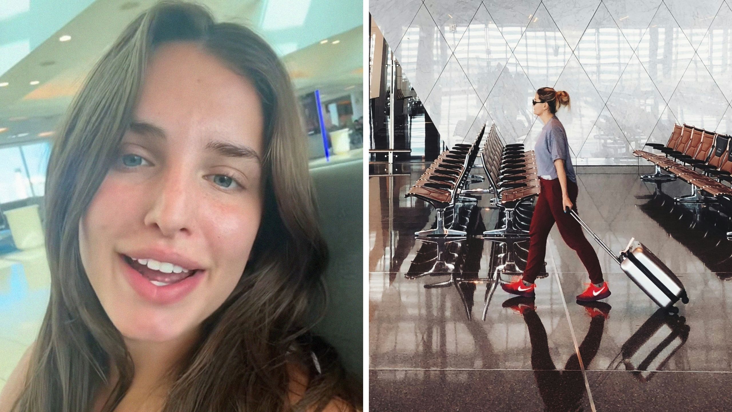 woman shares flight booking issue (l) woman at airport (r)