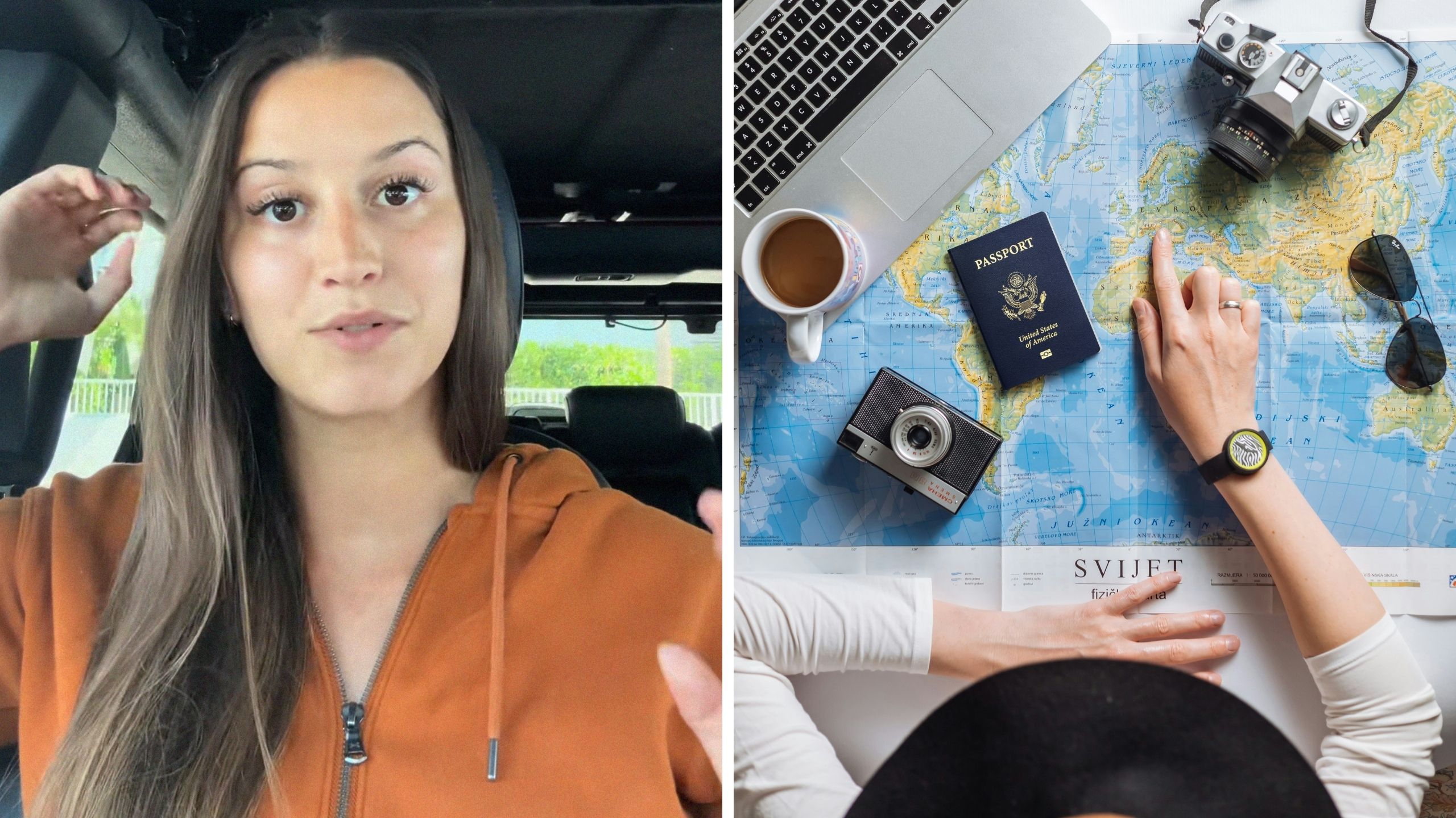 woman shares traveling experience (l) traveler checking where she is going next (r)
