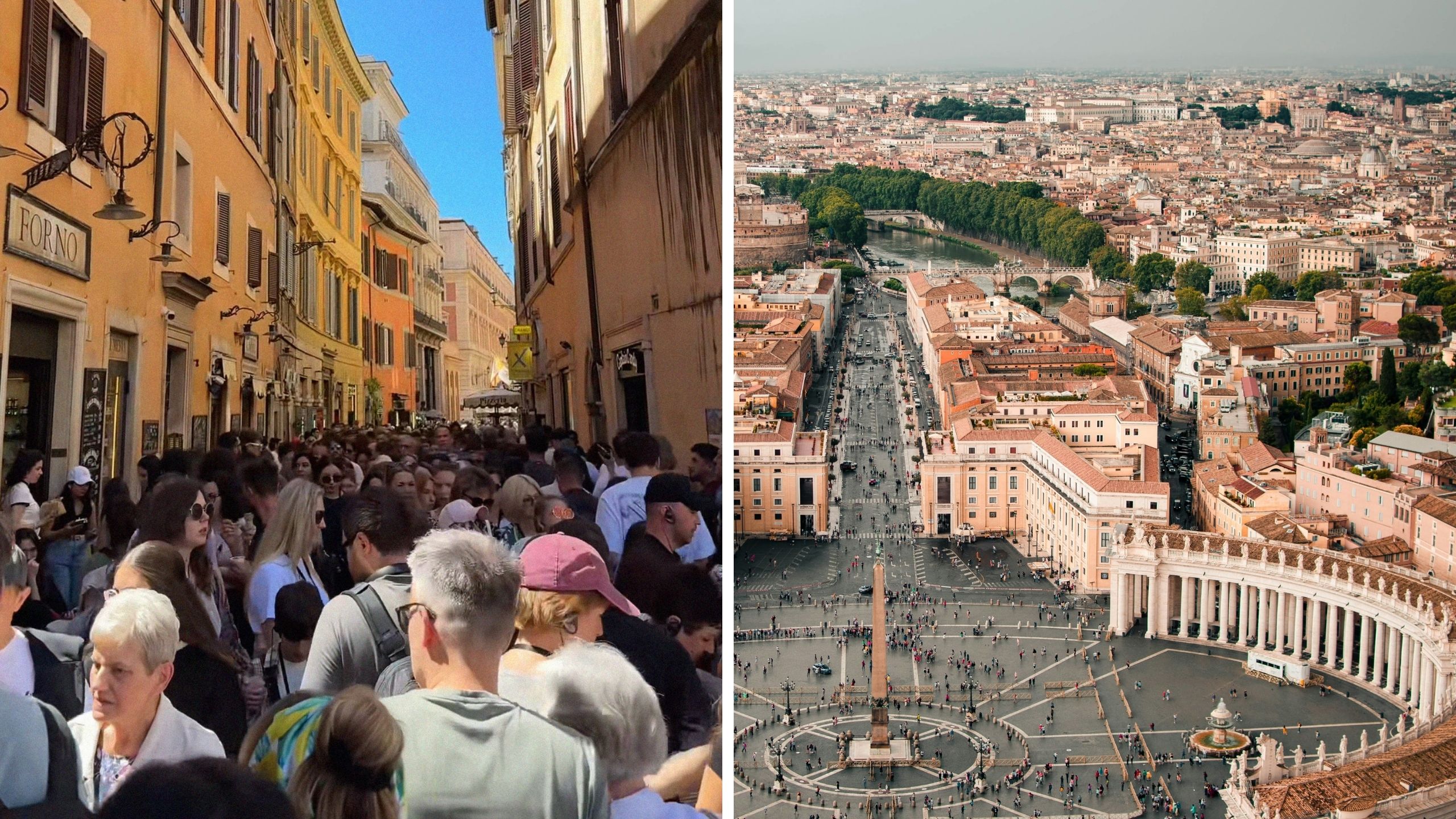 woman walking in crowd (l) Rome tourist destination (r)