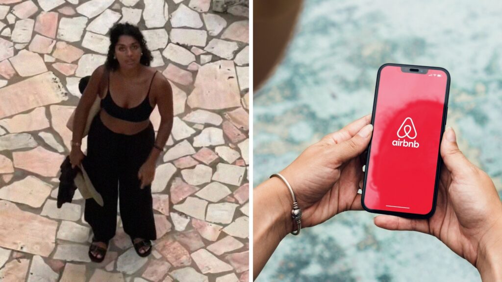 woman shares vacation booking issue (l) air bnb app (r)