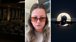 empty airport gate (l) woman shares scary airport experience (c) late night flight (r)