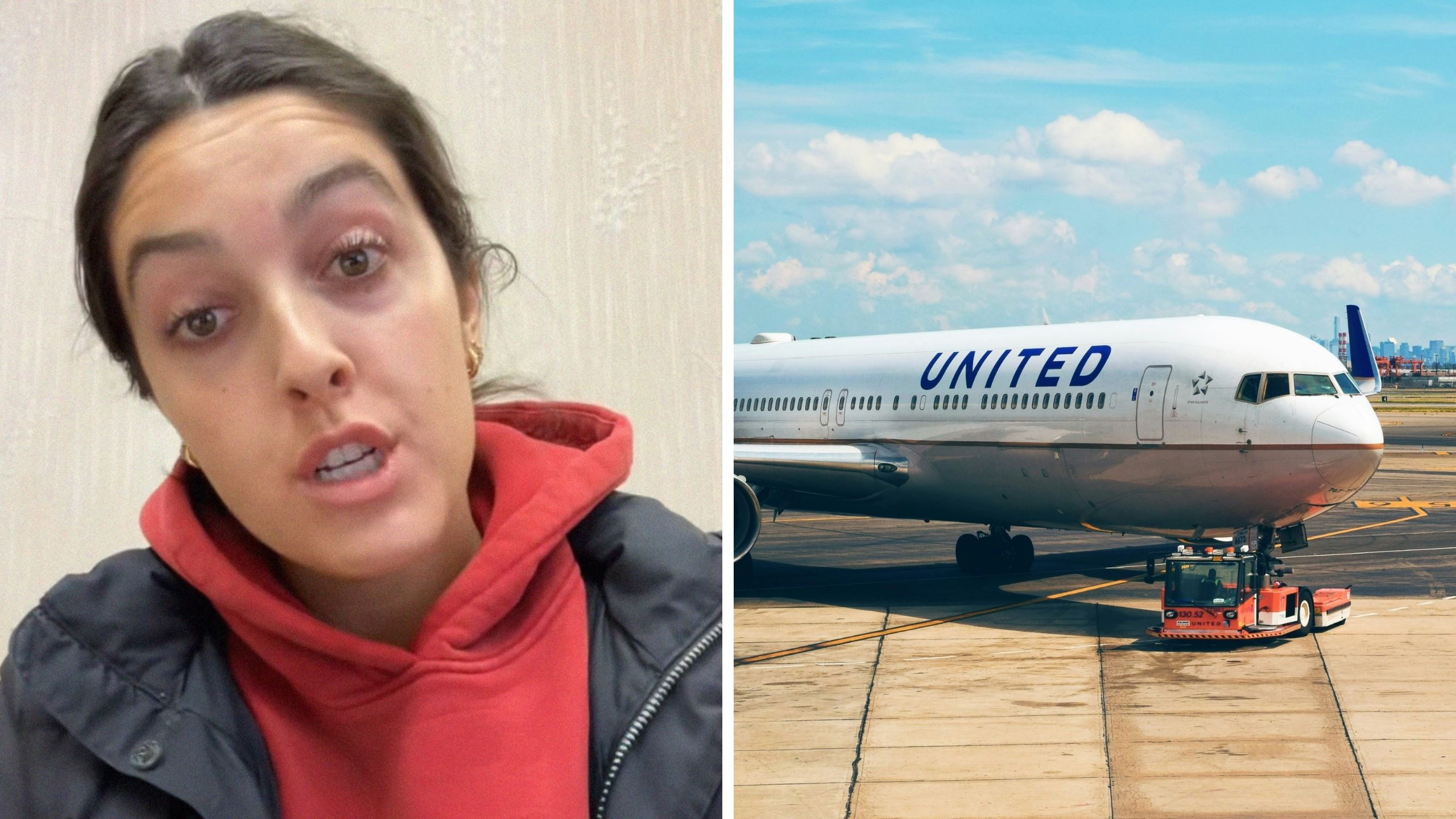 woman shares airline issue (l) United airlines (r)