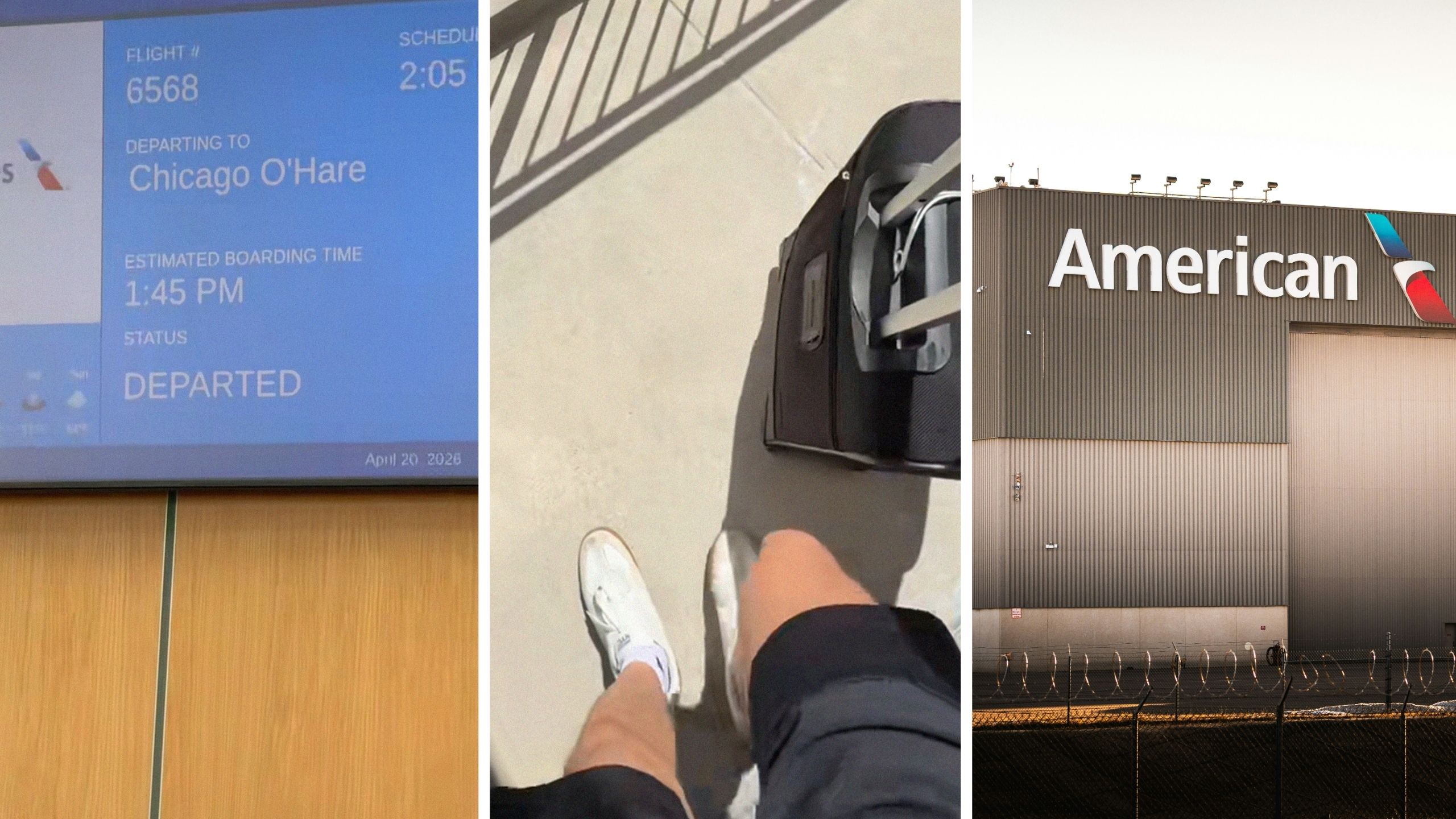 flight Boarding area (l) man shares American airlines experience (c) American Airlines boarding area (r)