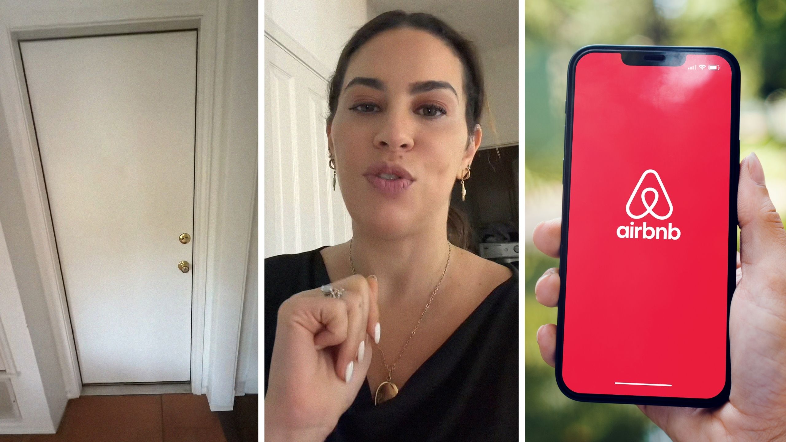 locked garage door (l) woman shares air bnb experience (c) Air bnb app (r)