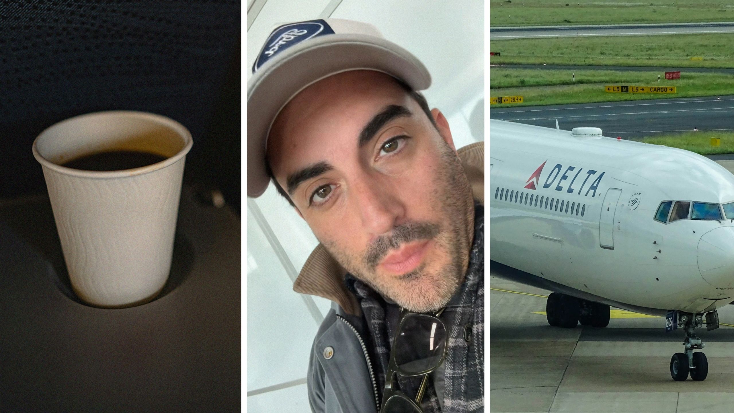 plane coffee (l) man shares Delta flight experience (c) Delta airlines (r)