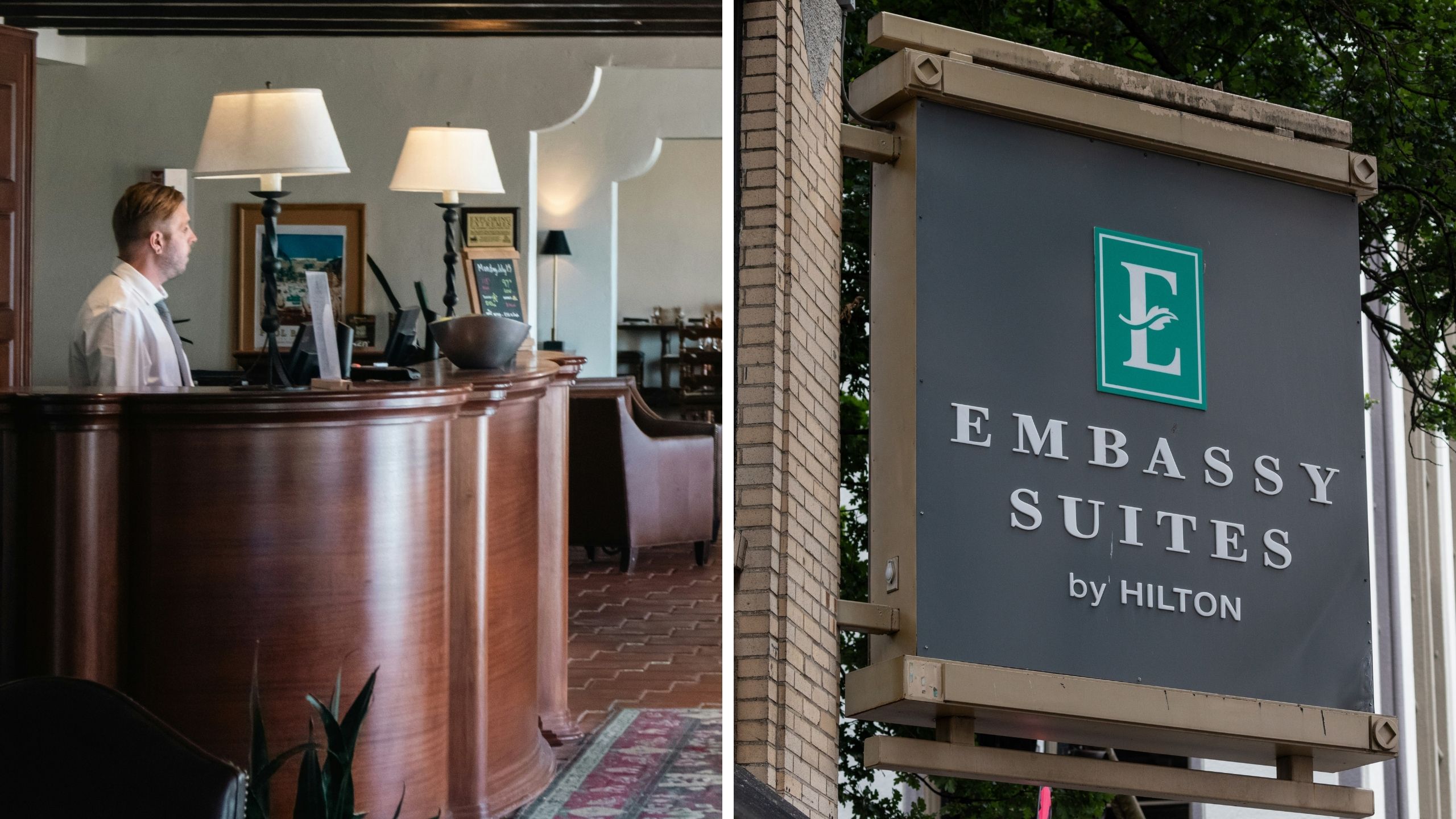 hotel front desk (l) Embassy Suites entrance (r)