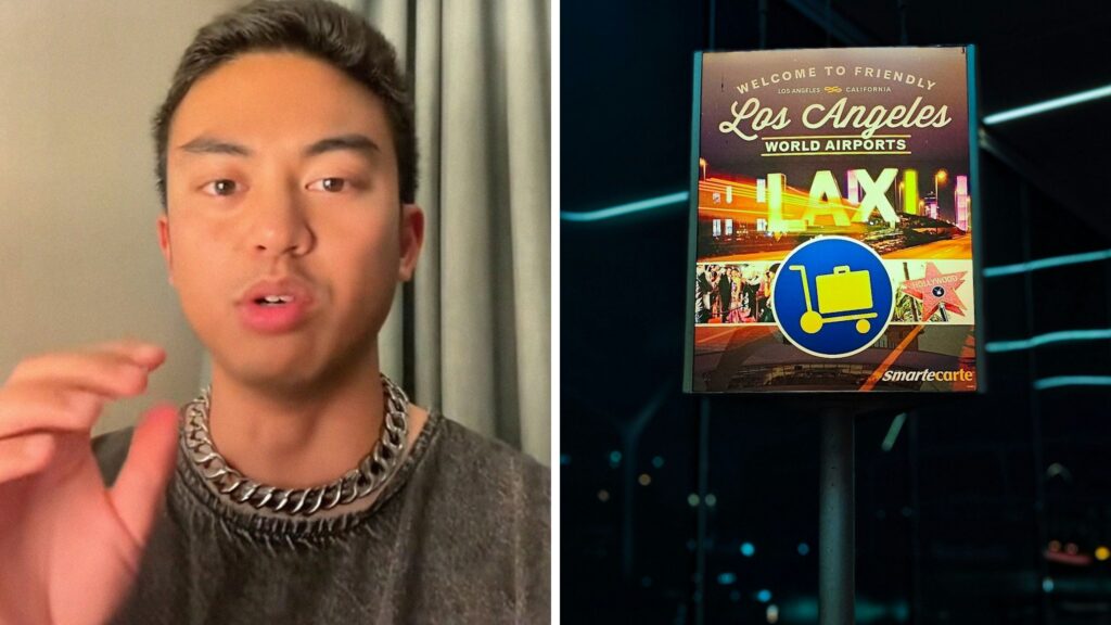 man shares airport observation (l) LAX airport entrance (r)