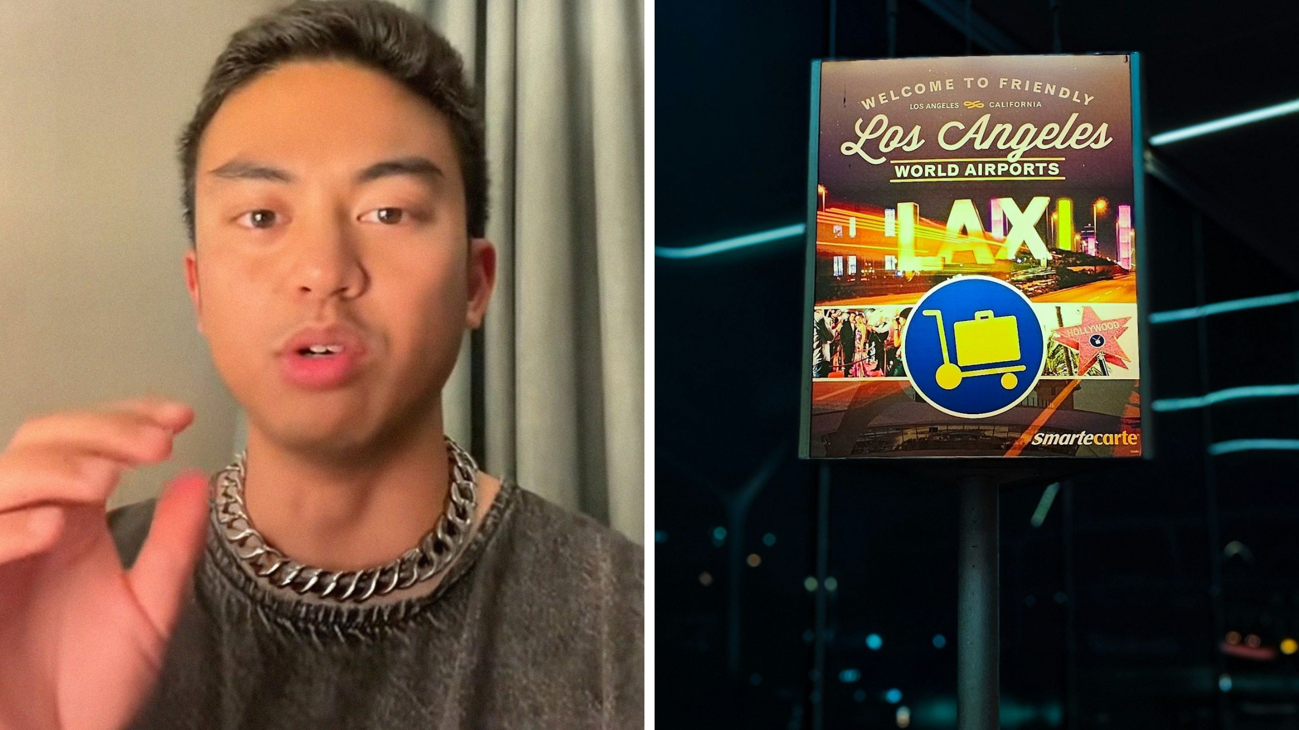 man shares airport observation (l) LAX airport entrance (r)