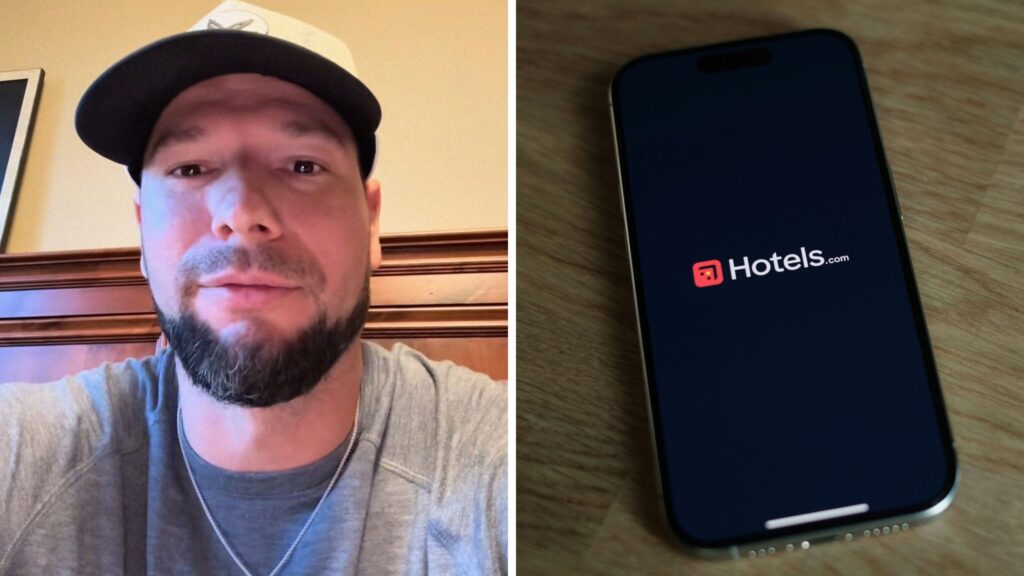 man shares hotel scam (l) hotels.com app (r)