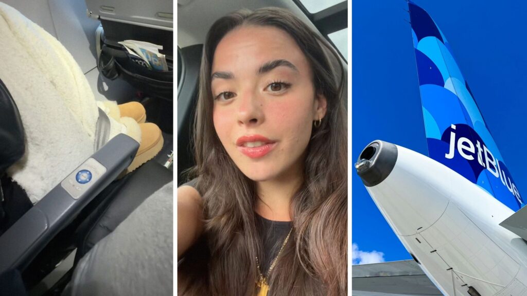 shoes on plane seat (l) woman shares flight observation (c) Jetblue plane (r)