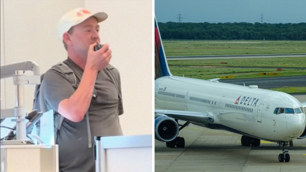 woman shares airport experience (l) Delta airlines aircraft (r)