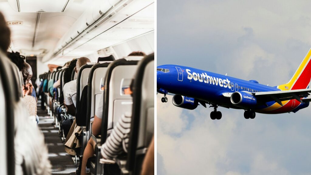 passengers in flight (l) Southwest airlines (r)